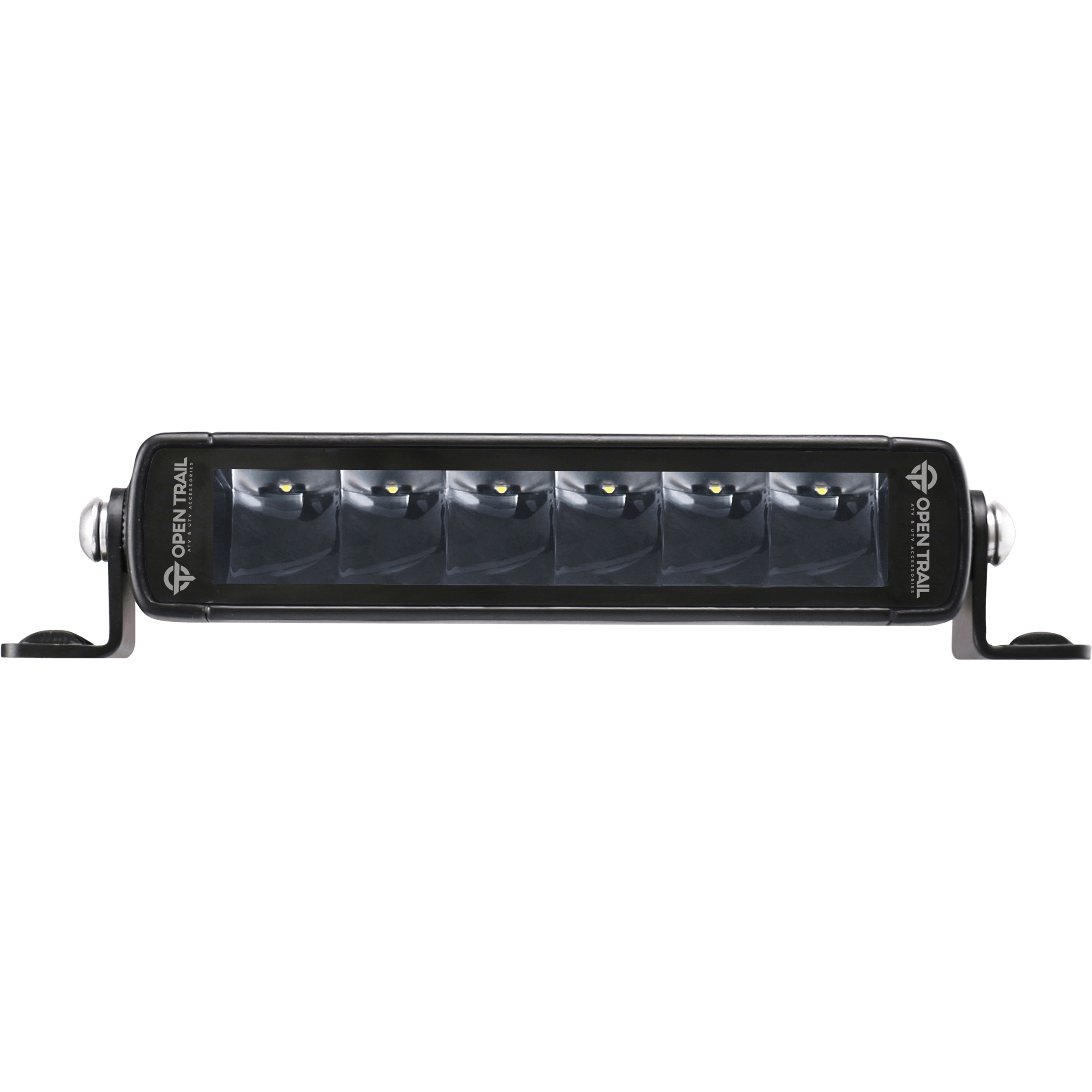 Front view of the Stealth Slimline LED Light 7 Spot Beam Only by Open Trail, featuring five Osram LEDs in a rectangular black housing. The Open Trail logo is printed on the side, highlighting premium offroad lighting performance.