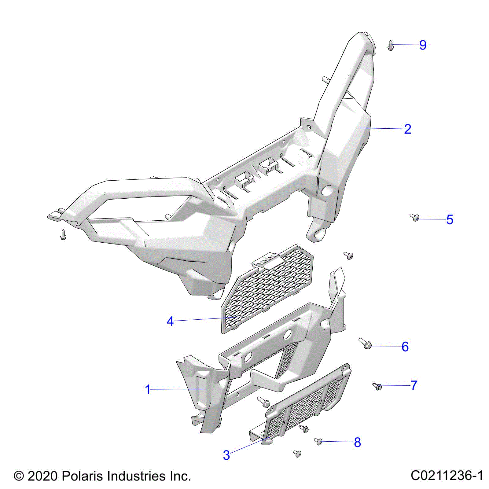 An Image of a Genuine Polaris Parts Schematic Diagram showing the schematic - BODY: FRONT BUMPER - 2022 POLARIS SPORTSMAN 450 HO
