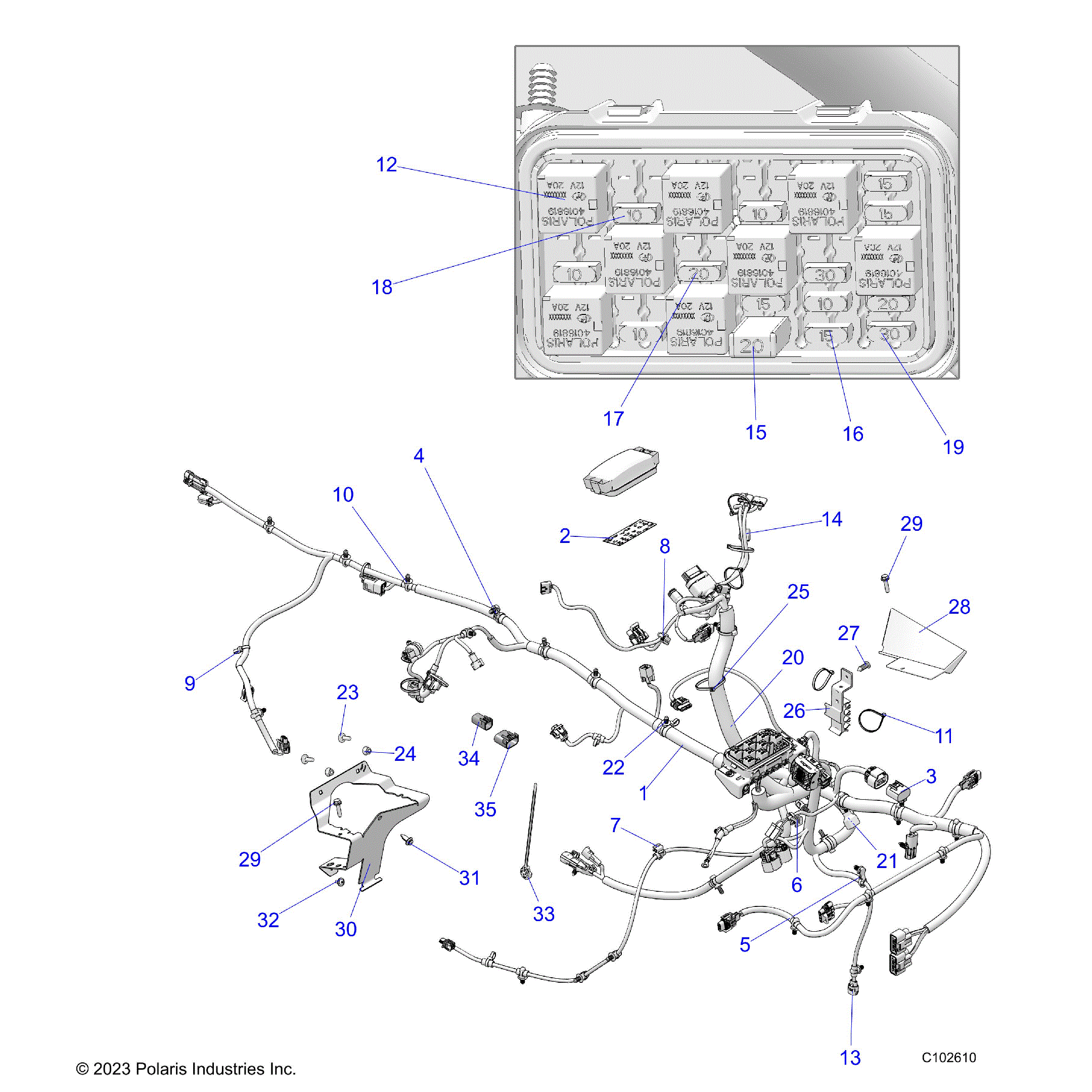 An Image of a Genuine Polaris Parts Schematic Diagram showing the schematic - ELECTRICAL: WIRE HARNESS - 2025 POLARIS SPORTSMAN TOURING 570