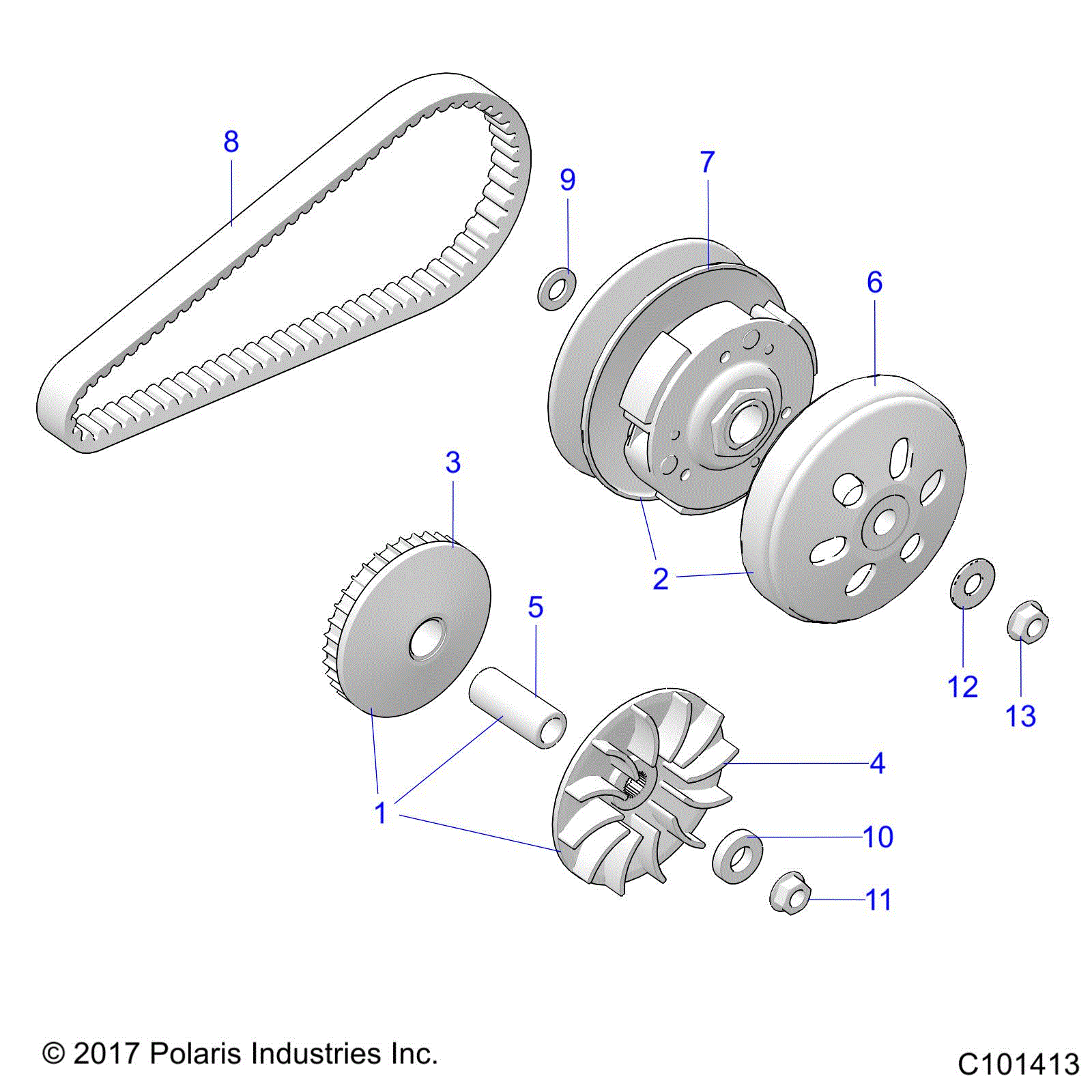 An Image of a Genuine Polaris Parts Schematic Diagram showing the schematic - DRIVE TRAIN: PRIMARY CLUTCH - 2021 POLARIS ACE 150 EFI