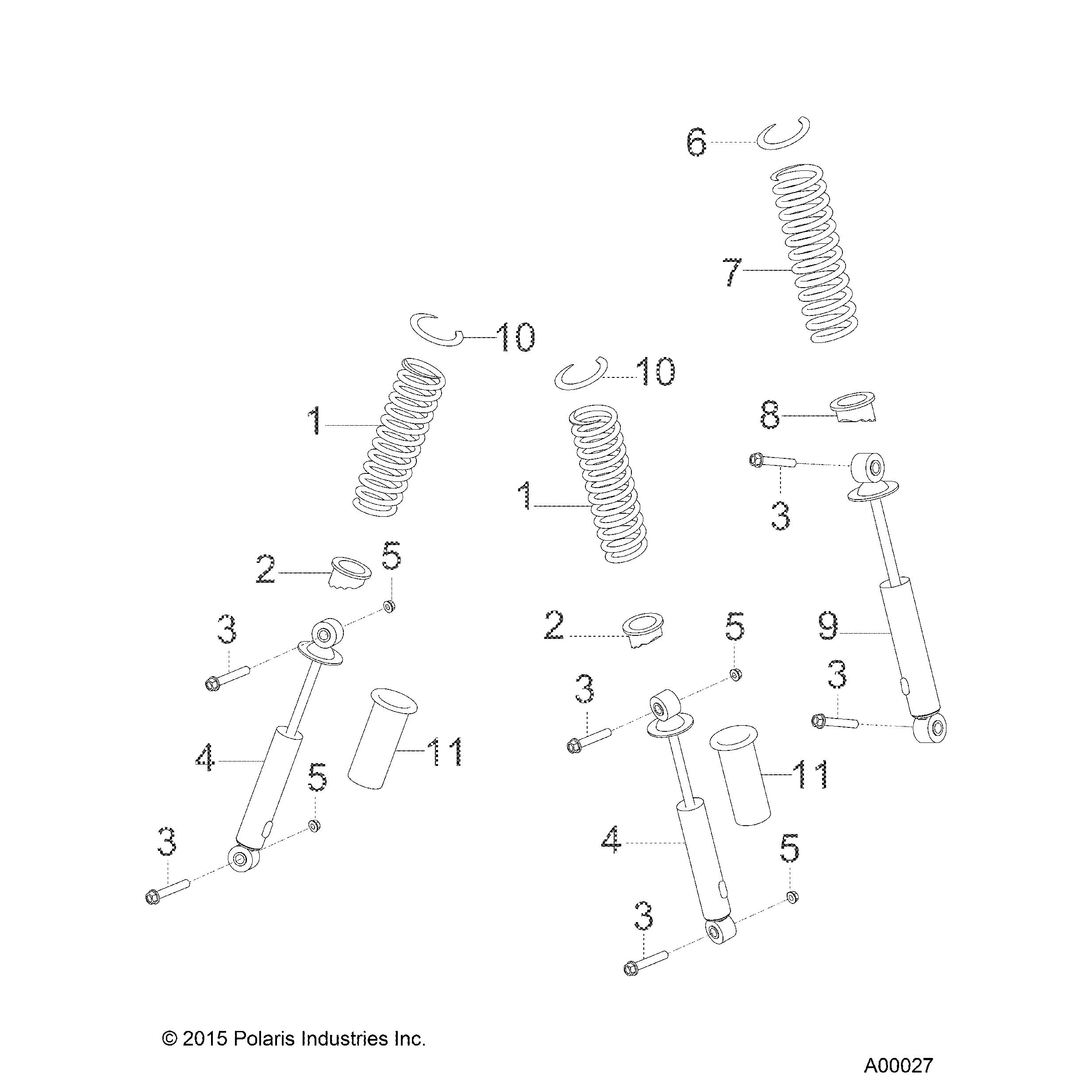An Image of a Genuine Polaris Parts Schematic Diagram showing the schematic - SUSPENSION: SHOCKS - 2023 POLARIS OUTLAW 110