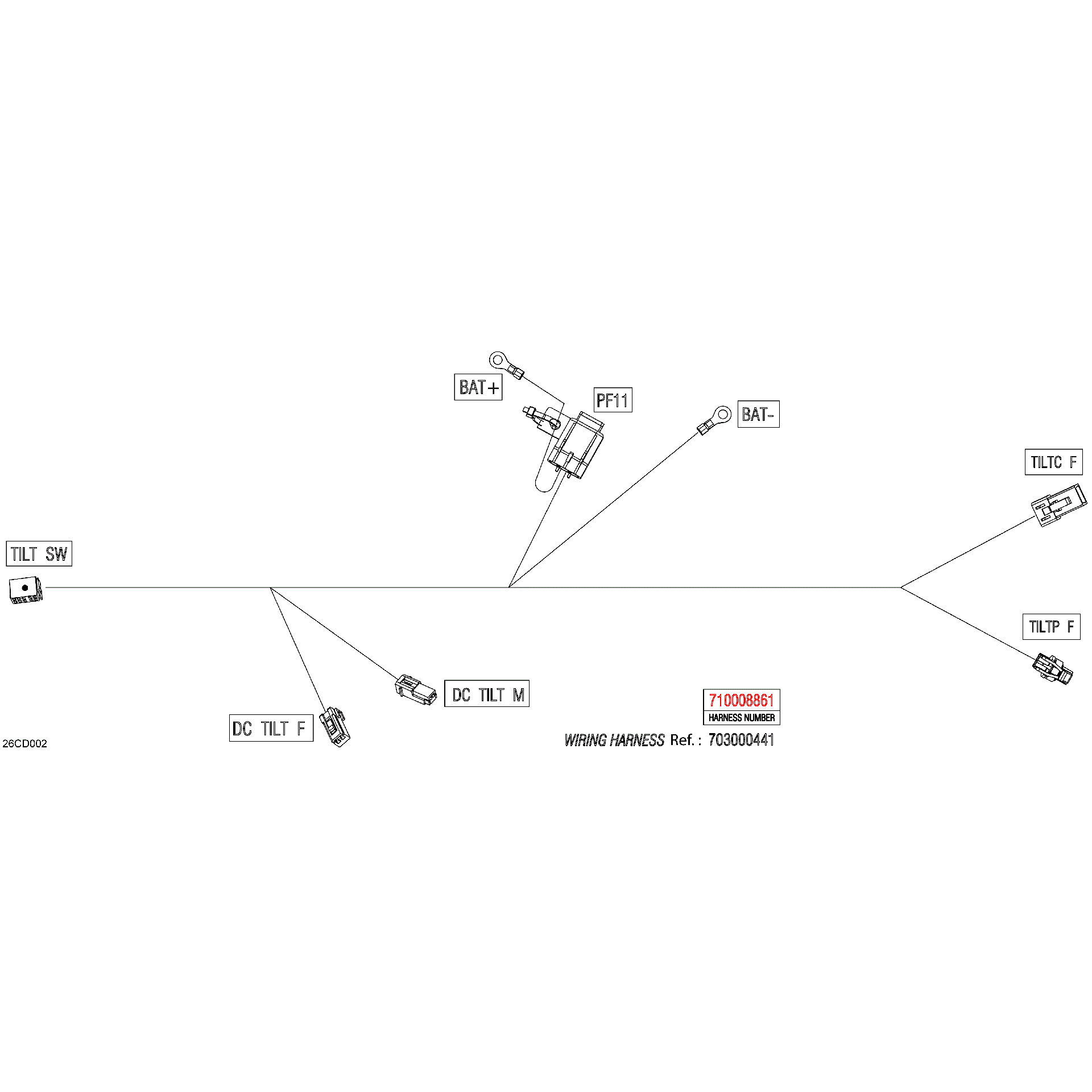 An Image of a Genuine Can-Am Parts Schematic Diagram showing the schematic - ELECTRIC - TILT CONTROL AND POWER WIRING HARNESS - 710008861