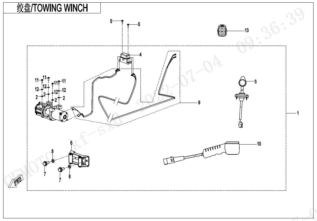 Diagram of a towing winch assembly highlighting parts like the Winch Control Switch Seat by CF Moto. Each ATV & UTV component is numbered and shown in a technical line drawing from Witchdoctors.com.