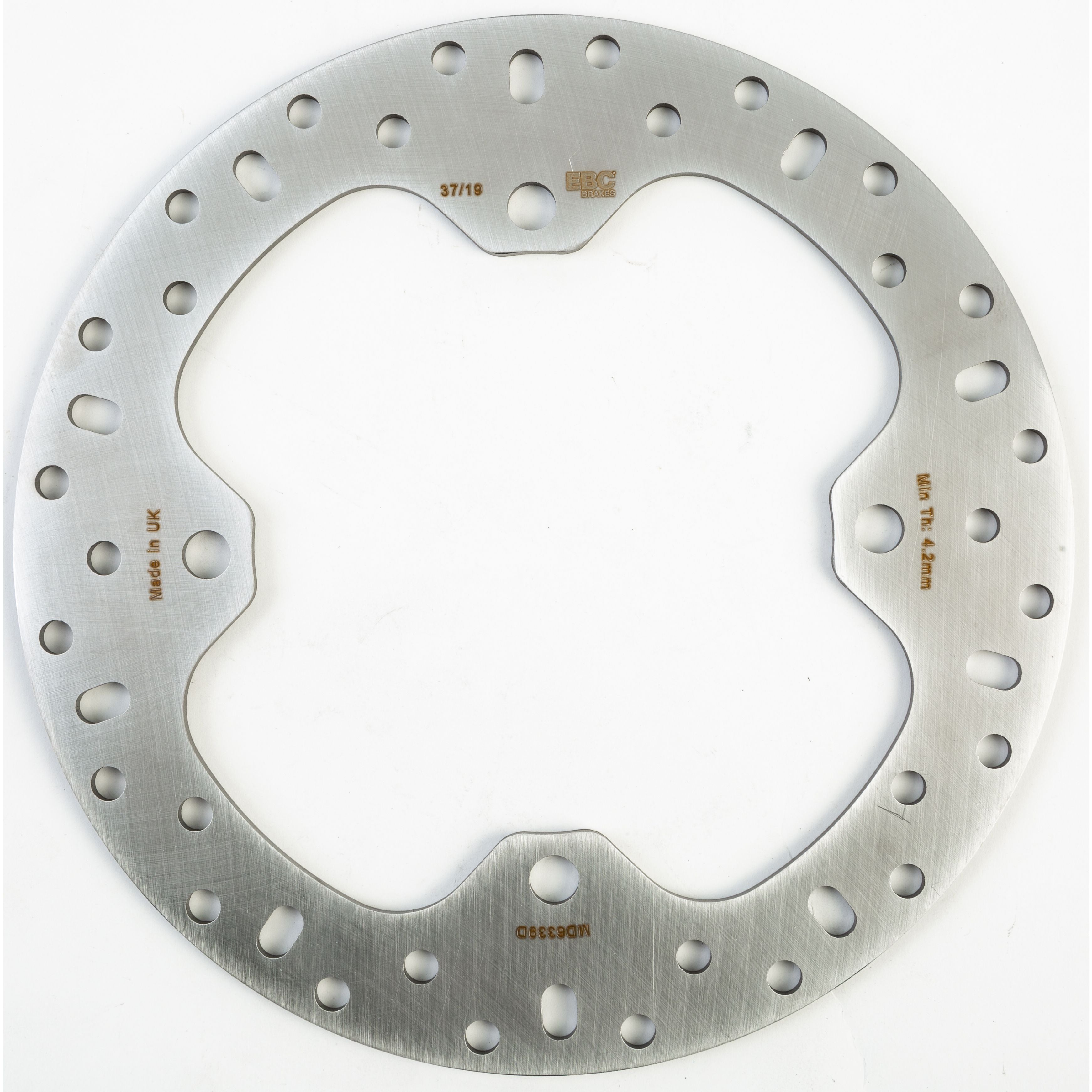 Round silver metal brake rotor with evenly spaced ventilation holes and four mounting points.