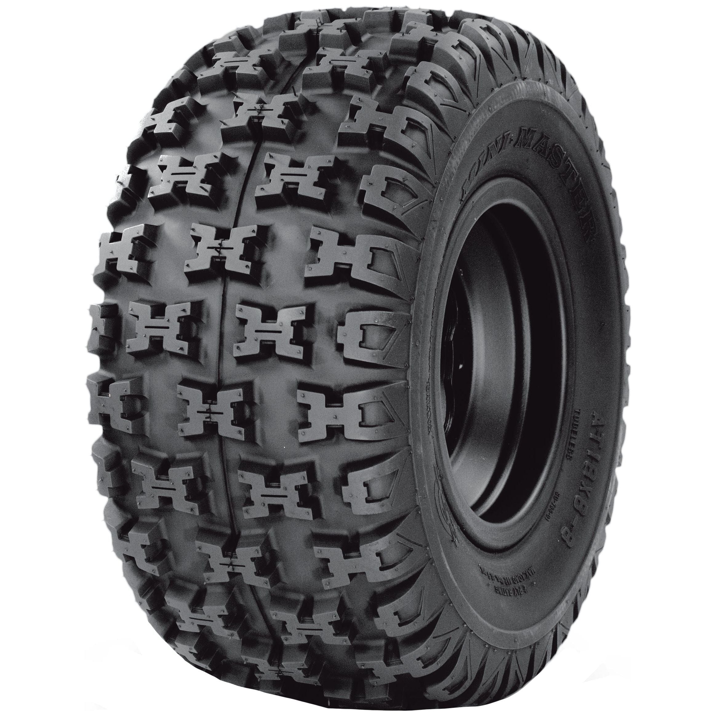 The GBC Tire Mini Master Rear 18X8-8 Bias Lr182Lbs features deep, rugged treads for excellent traction on rough terrain. Its black sidewall and detailed tread design offer durability and performance for your mini ATV.