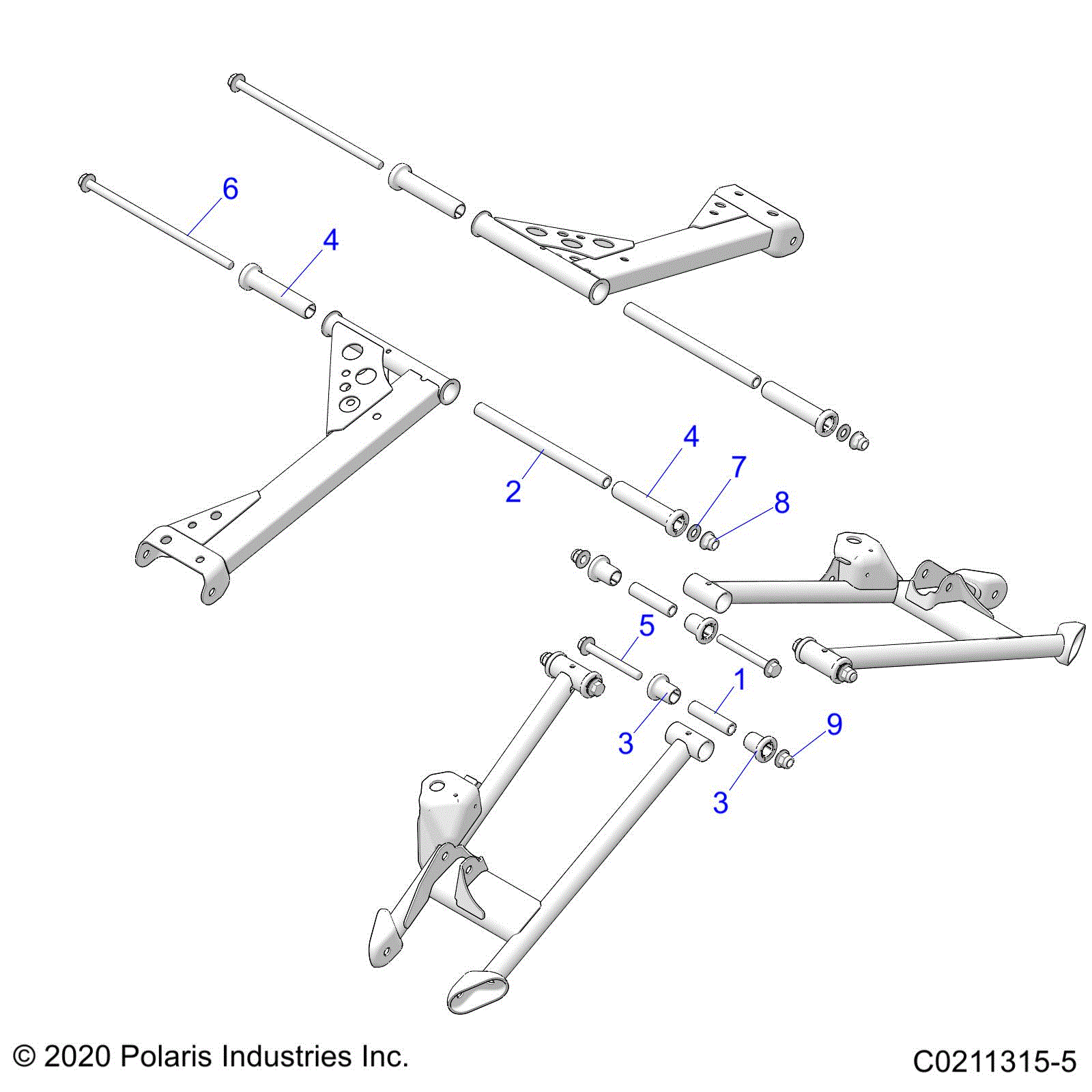 An Image of a Genuine Polaris Parts Schematic Diagram showing the schematic - SUSPENSION: REAR CONTROL ARM MOUNTING - 2023 POLARIS SPORTSMAN 850 EPS 48"
