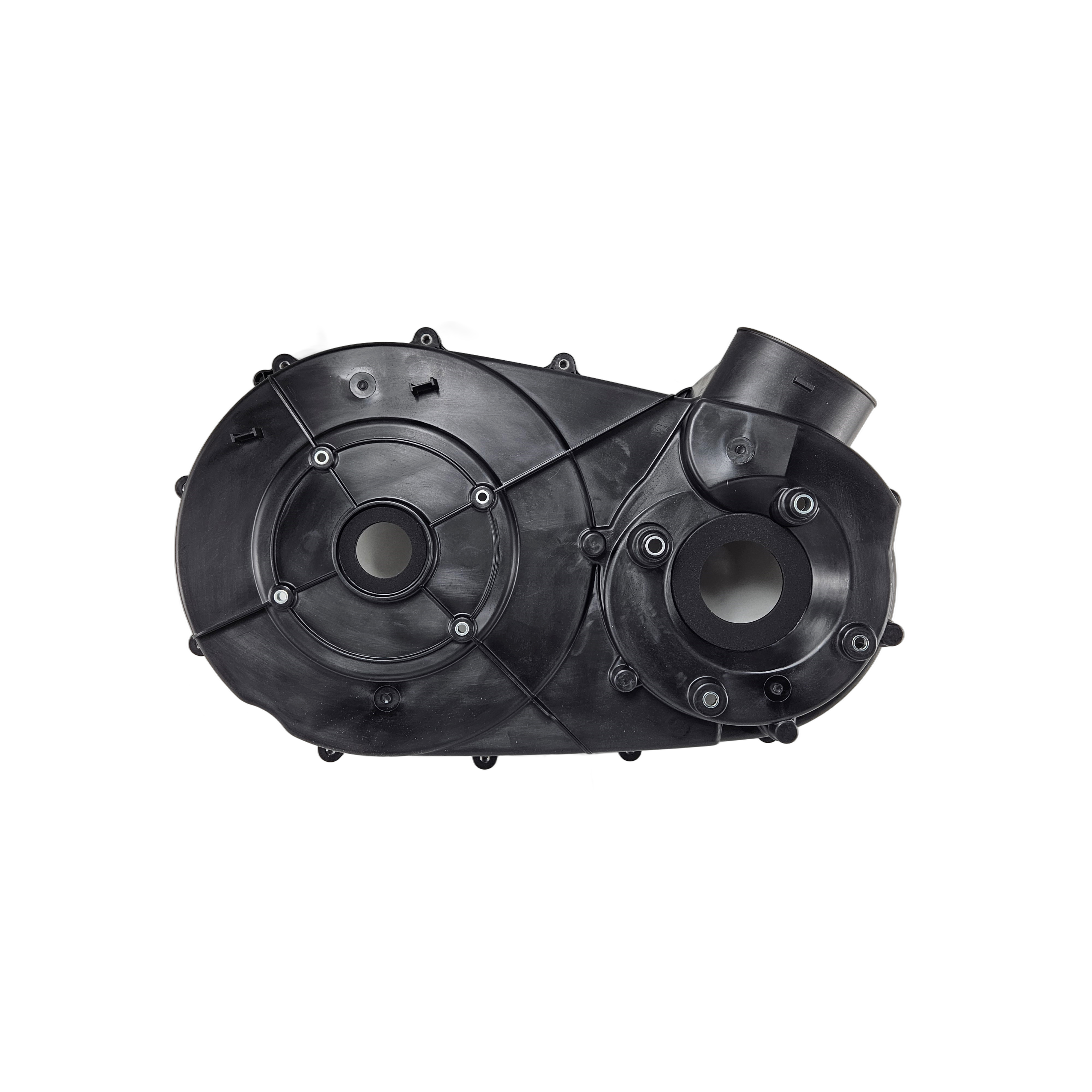 Black molded plastic protective CVT case with multiple mounting points and rounded contours.