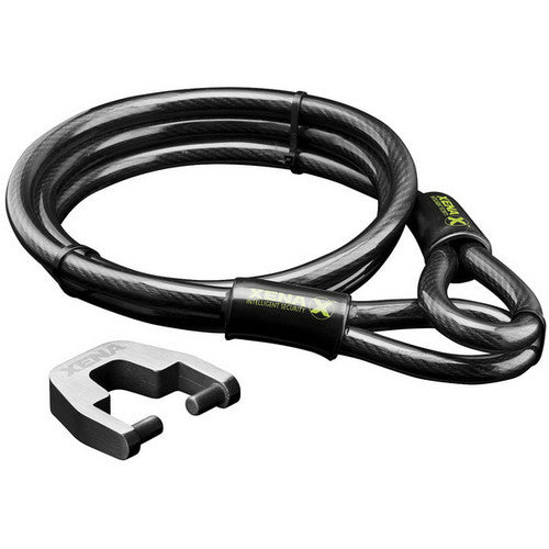 The Xza-150 150cm Flexible Steel Cable with looped end and Xzz Lock Adapter by Xena is a coiled black steel lock, perfect as a helmet lock cable for added security.