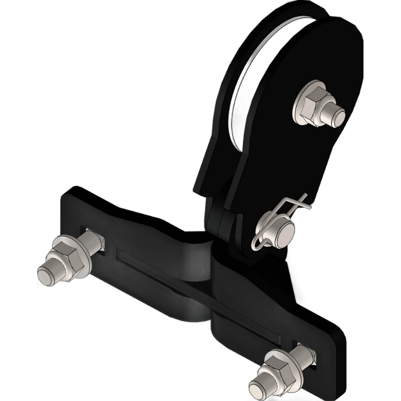Black metal quick plow pulley with synthetic rope and mounting bolts.