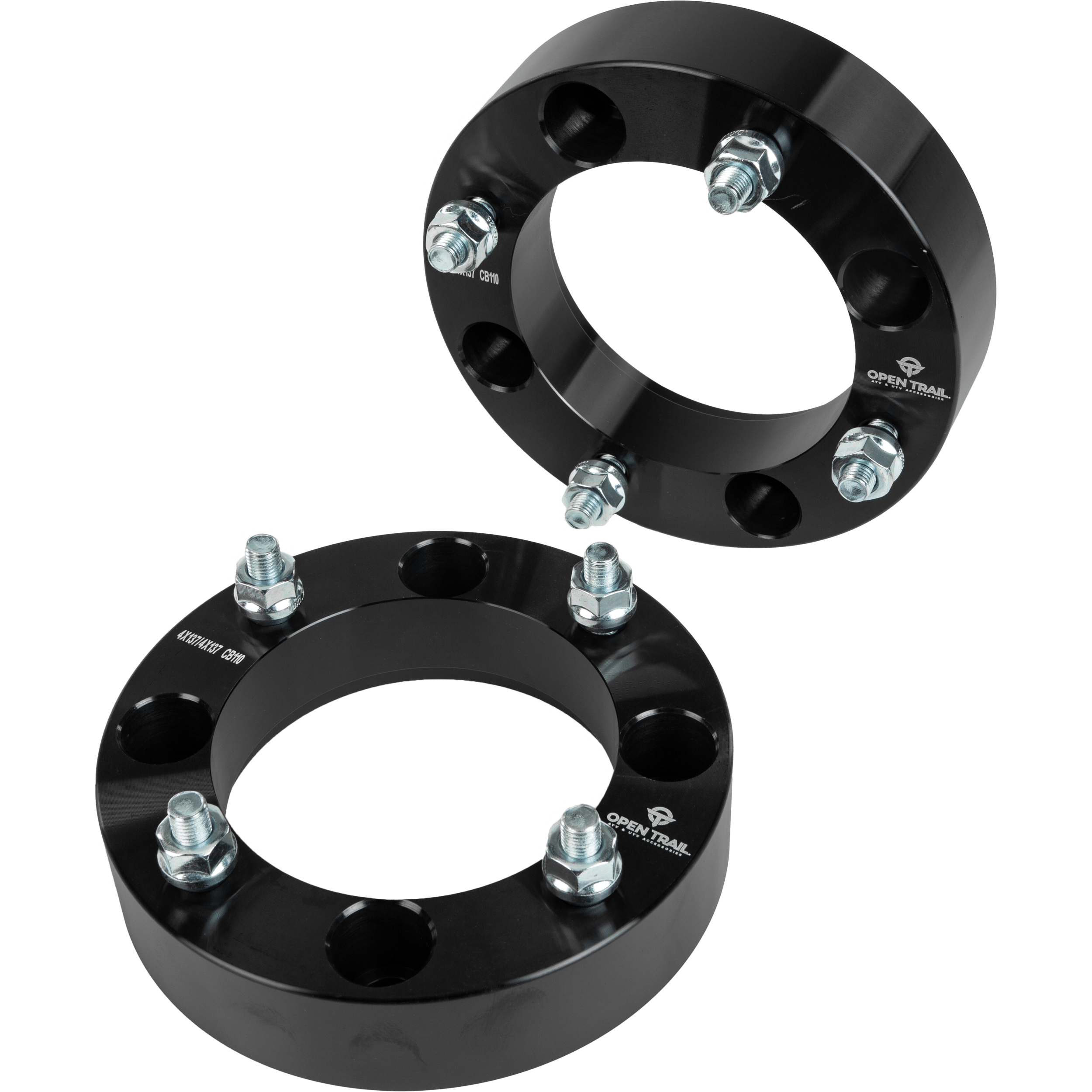 A pair of Wheel Spacer 1.5 4/137 Stud: 10Mm X 1.25Mm by Open Trail in black aluminum alloy with silver bolts and nuts, made for off-road vehicles to boost traction and stability, shown on a white background.