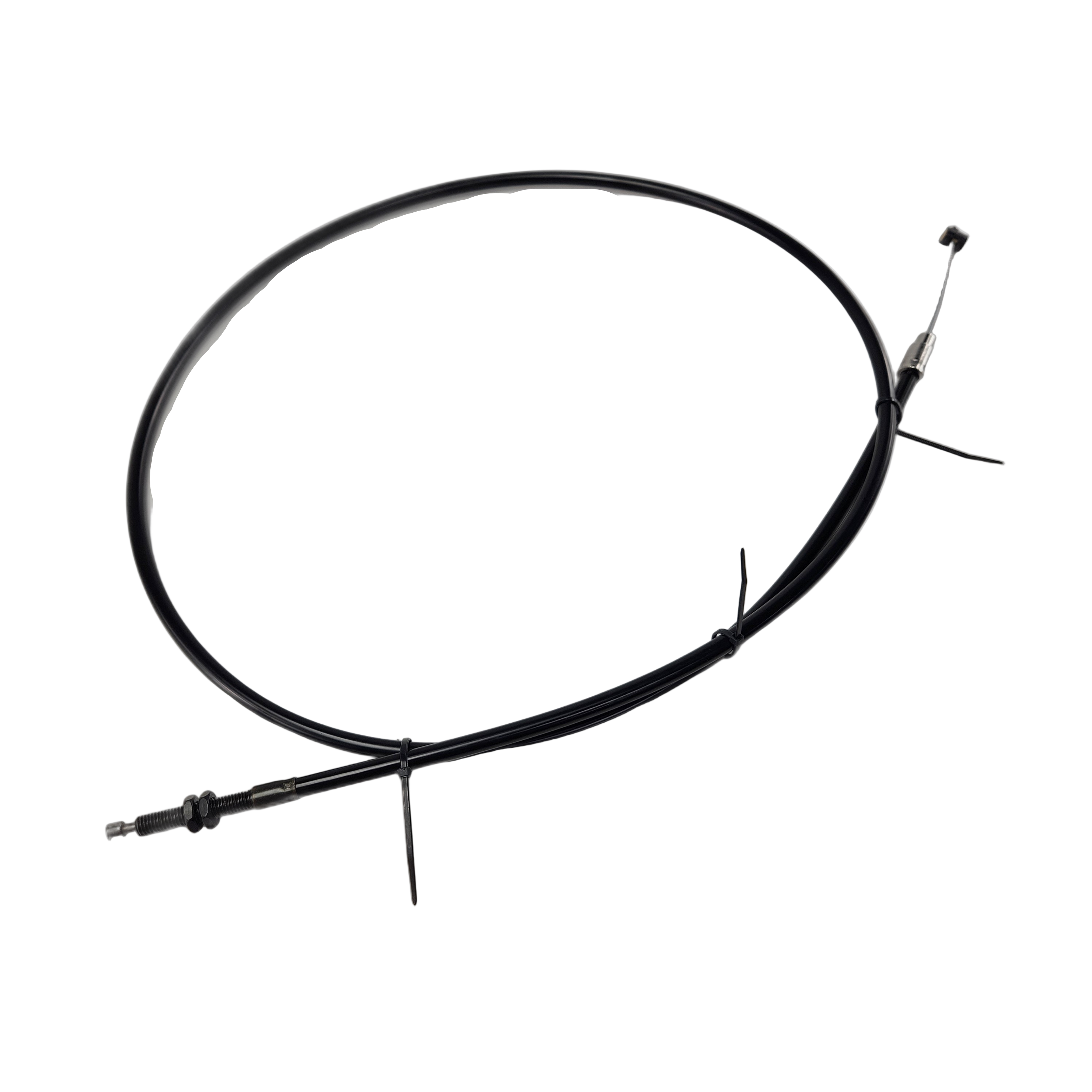 The High Efficiency Indian Clutch Cable Black by Barnett, shown coiled with metal ends and secured by two zip ties, is displayed against a white background.