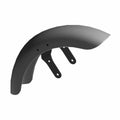 Matte black curved motorcycle front fender with mounting brackets and smooth finish.