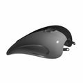 Glossy black motorcycle fuel tank with smooth curved design and mounting brackets.