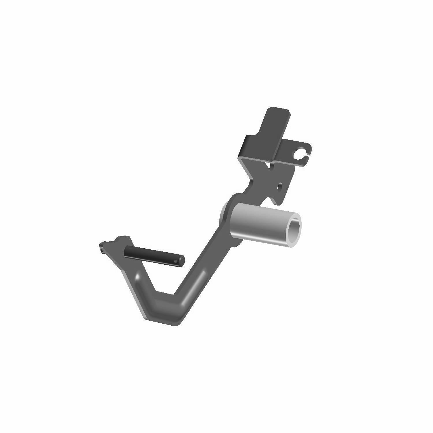 Matte black metal throttle pedal for Polaris with angular design and cylindrical pivot component.