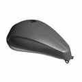 Matte black metal motorcycle fuel tank with smooth, aerodynamic teardrop shape and fuel cap opening.