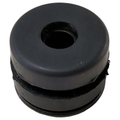 Black cylindrical rubber grommet with central hole and grooved middle section for secure fit.