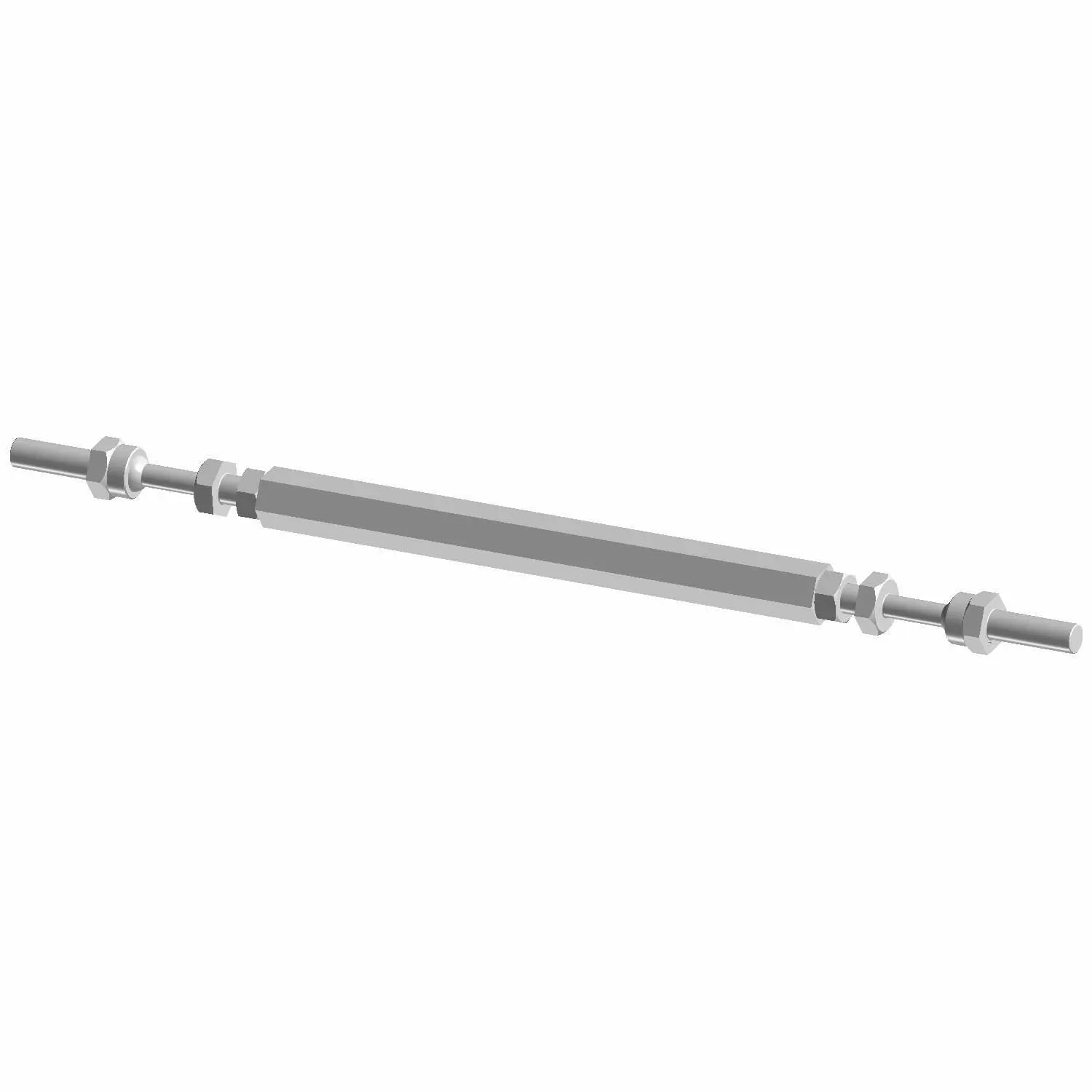 Silver metal reverse linkage rod with threaded ends and mounting hardware for motorcycle.
