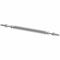 Silver metal reverse linkage rod with threaded ends and mounting hardware for motorcycle.