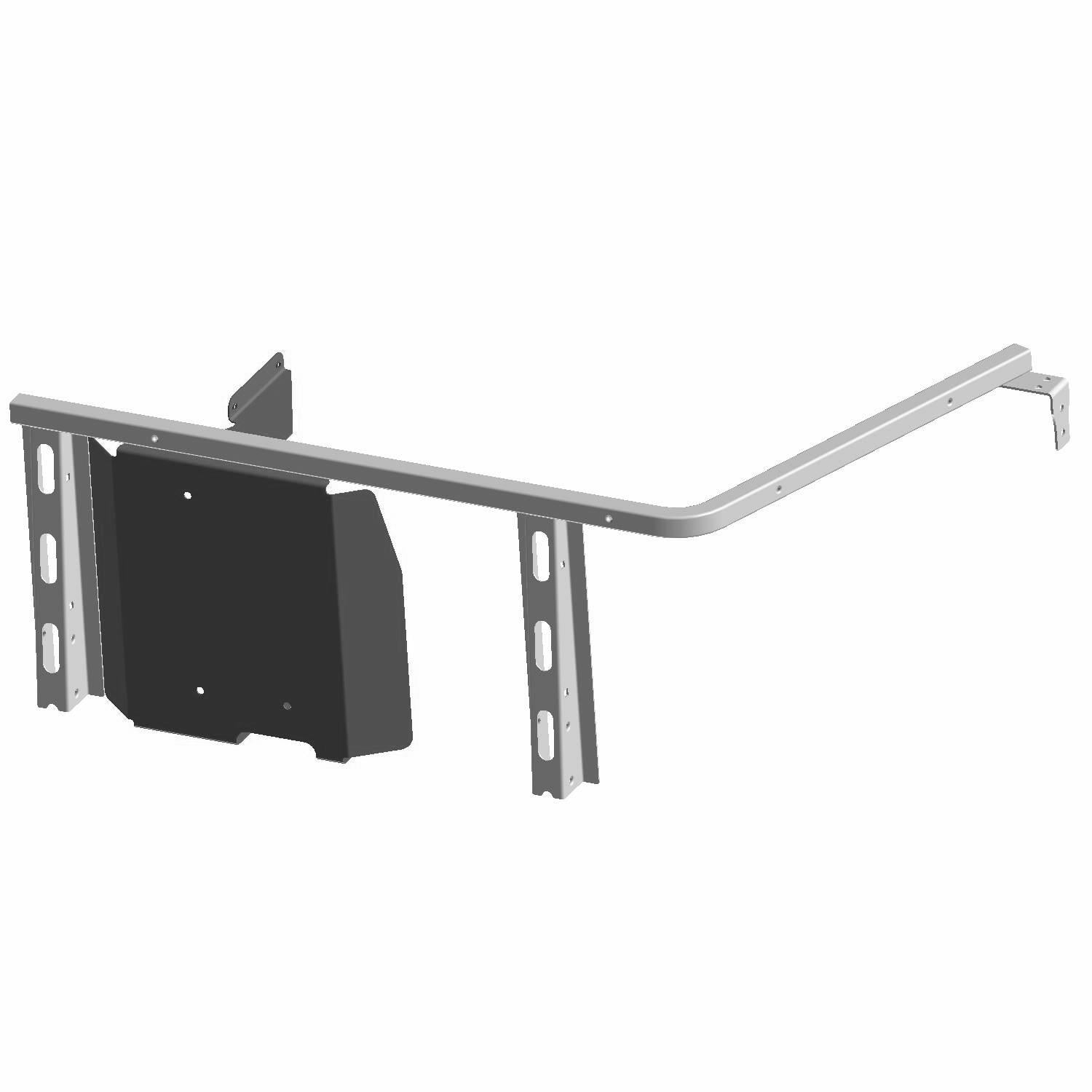 Black metal floor support bracket with angular design and mounting holes for Polaris Ranger UTV.