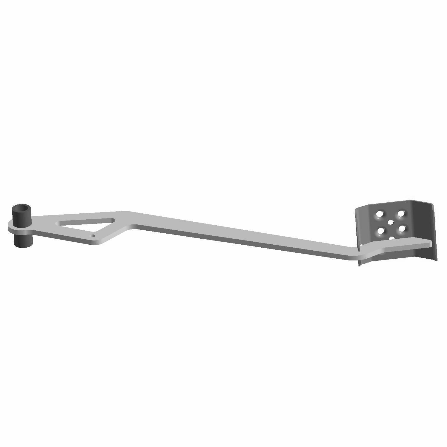 Black metal brake pedal with rectangular footpad featuring six holes and a mounting hinge on the opposite end.