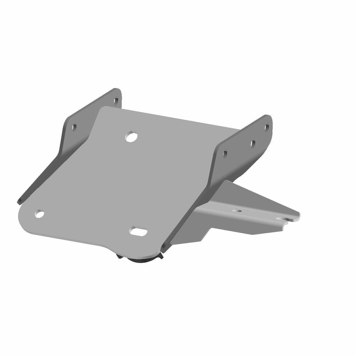 Black metal rear mount engine bracket with multiple mounting holes and welded side supports.