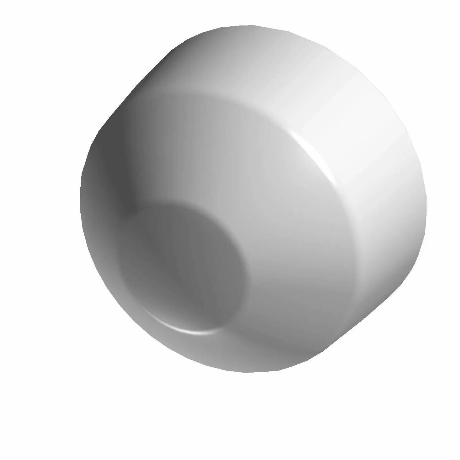 Silver metallic hexagonal axle nut cover with rounded edges and smooth finish.