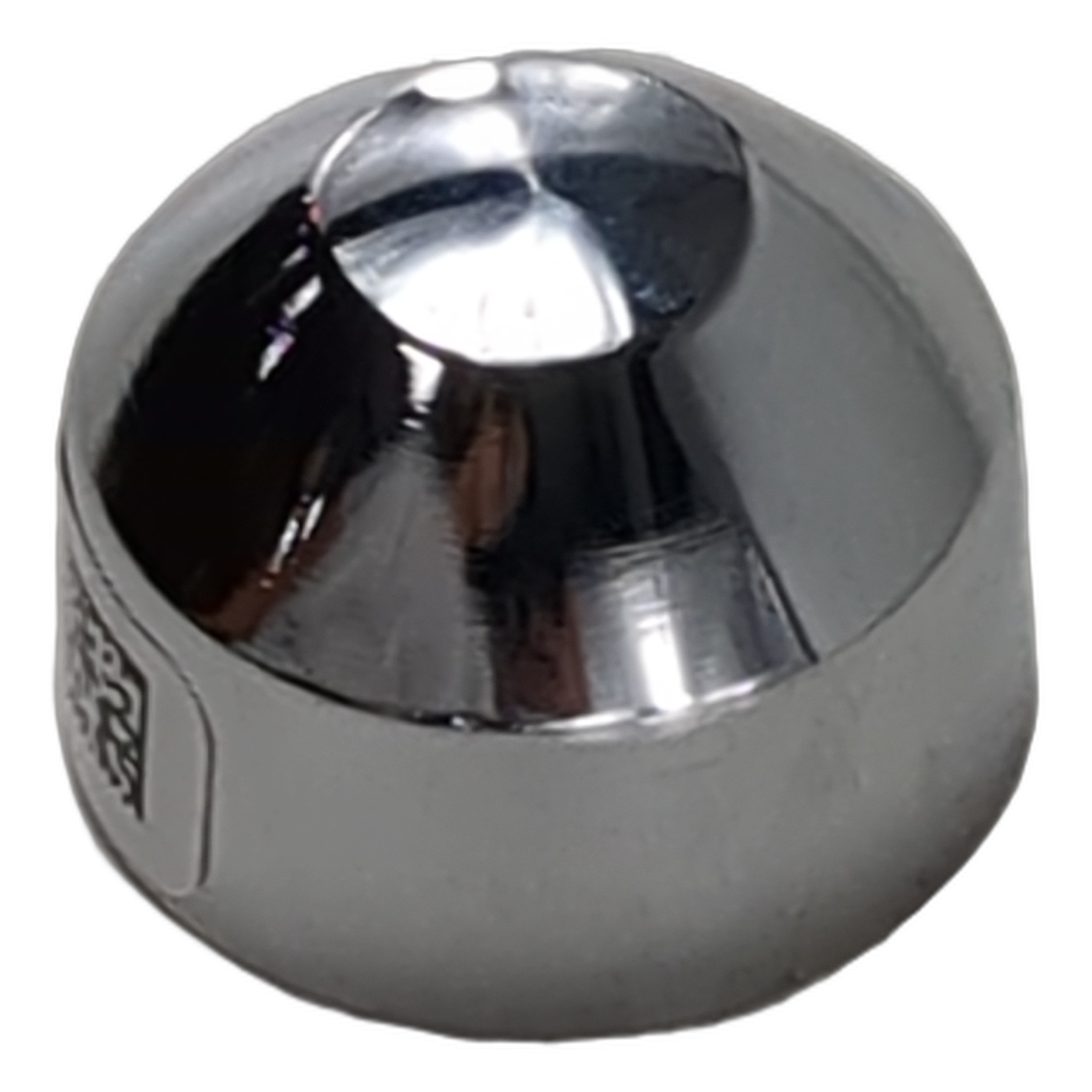 Chrome-finished round axle nut cover with smooth, polished surface and domed top.
