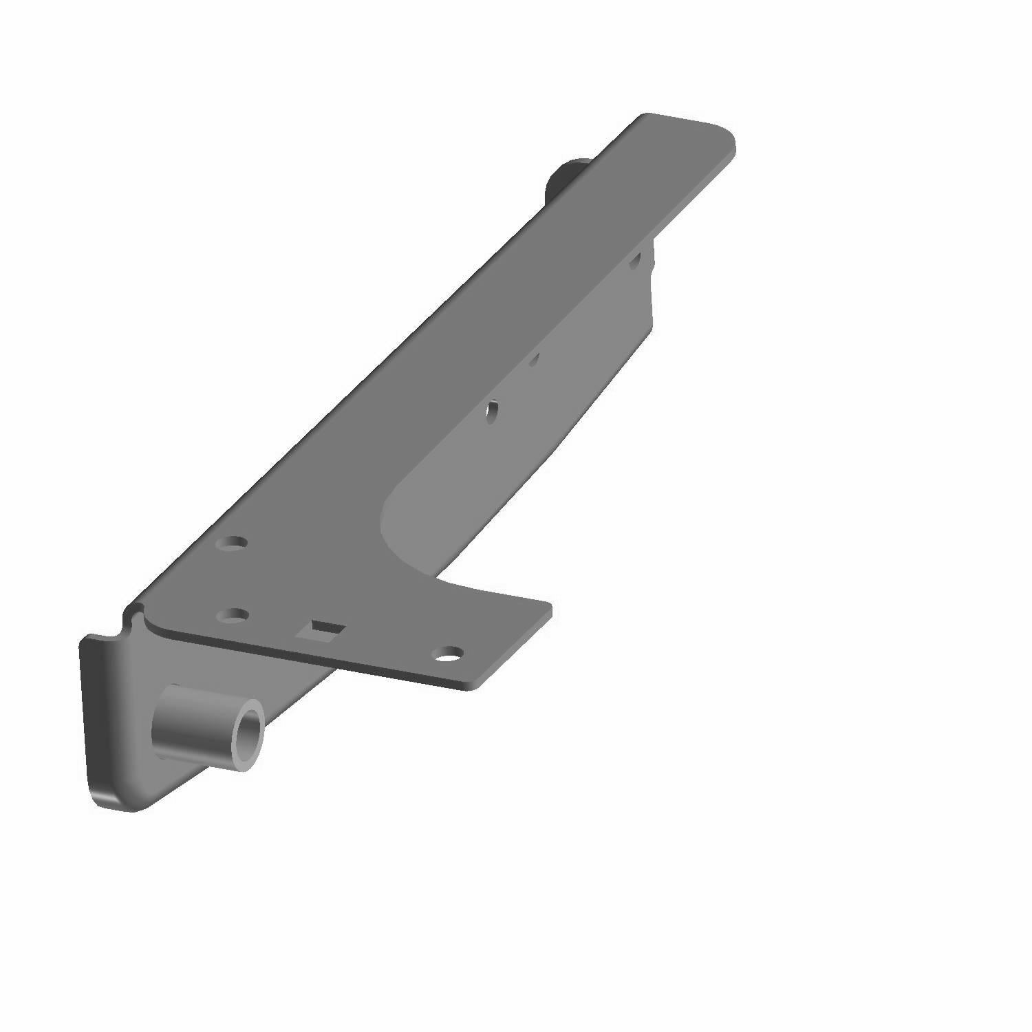 Gray metal tailgate support bracket with welded right-angle design and mounting holes.