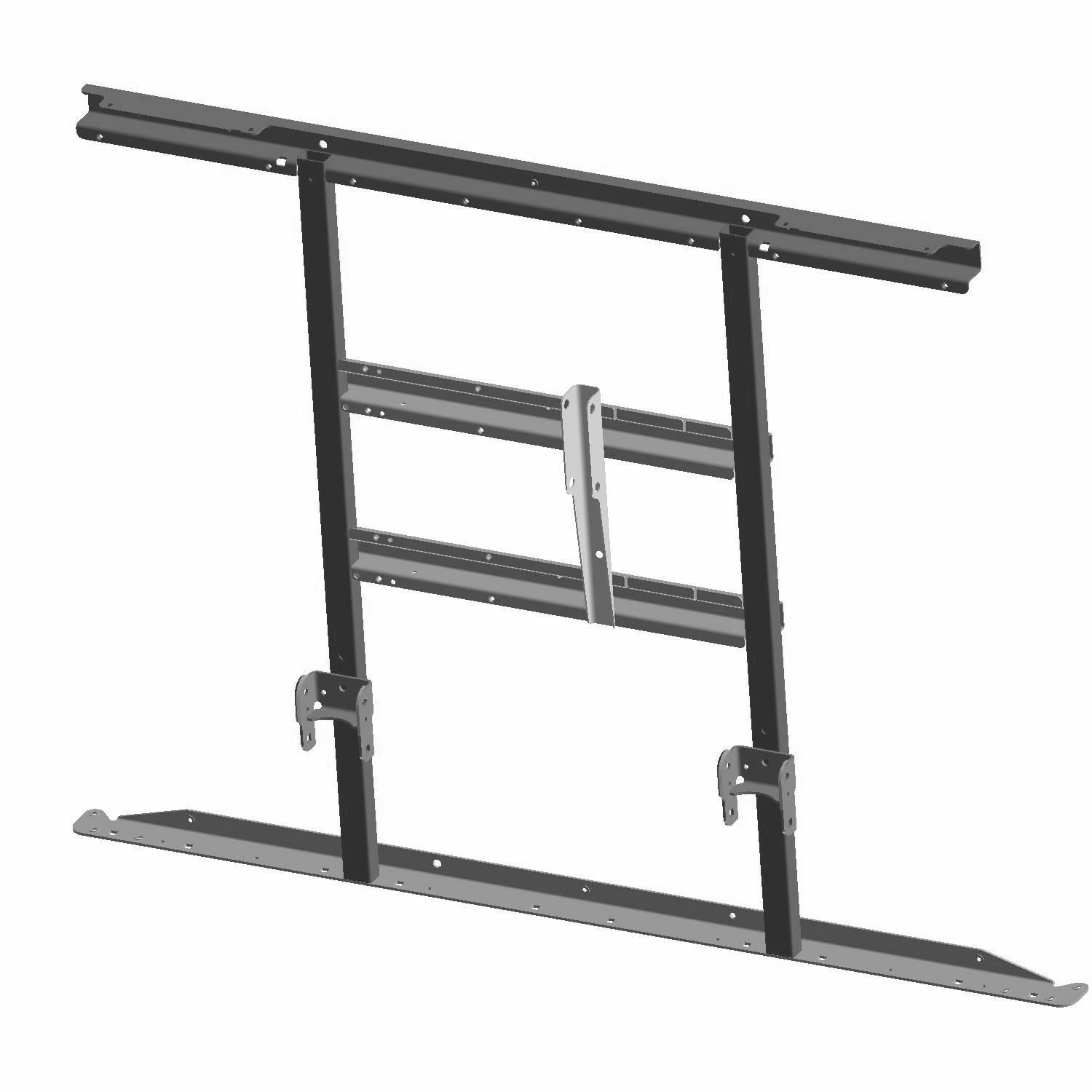Black metal support box weld frame with horizontal rails and mounting brackets.