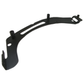 Black metal saddlebag bracket with mounting points and curved design for left side attachment.
