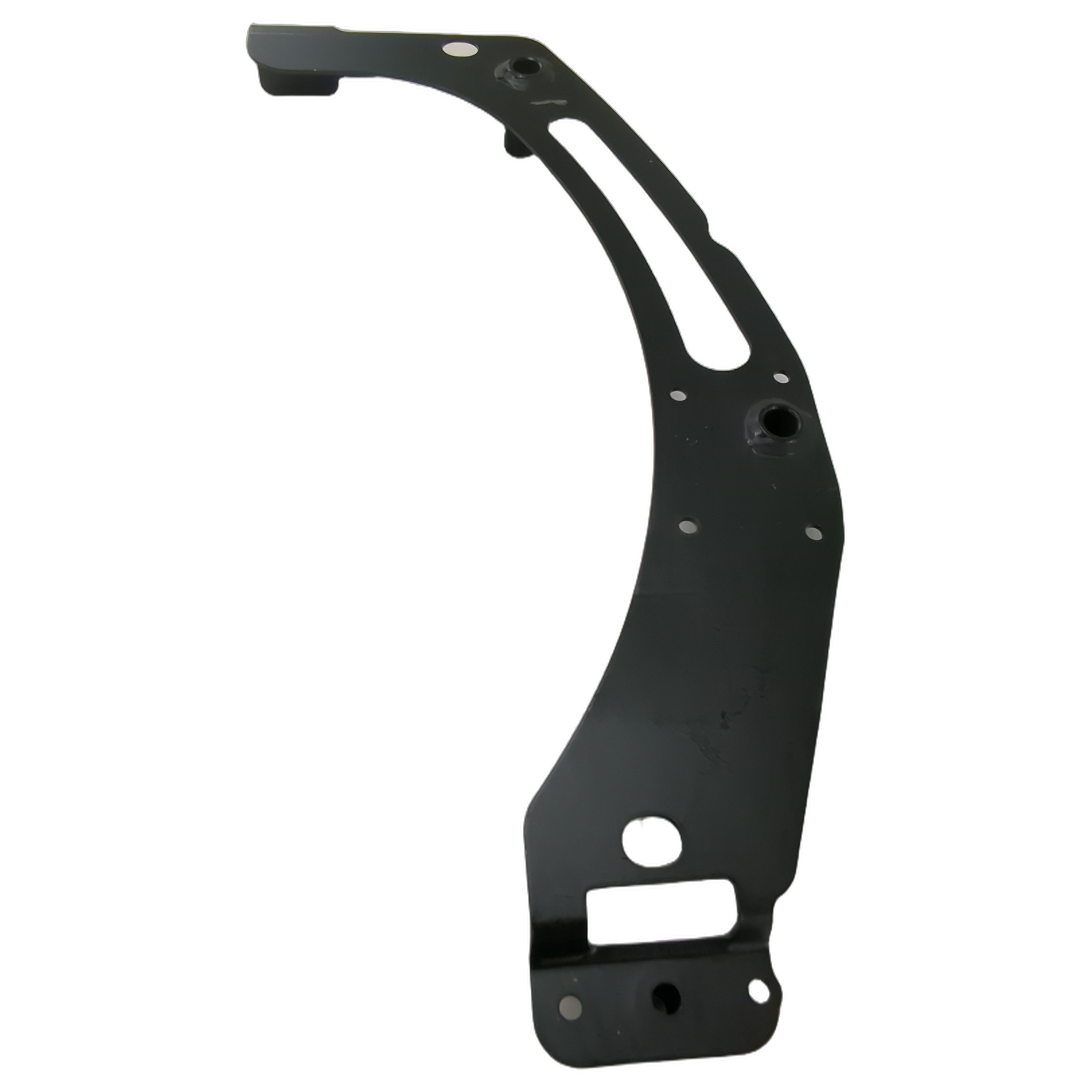 Black metal saddlebag bracket with curved design and multiple mounting holes.