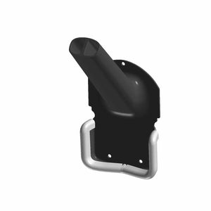 The Airbox Silencer, [Int'l] by Polaris is a black wall-mounted holder with an angled cylindrical slot and silver U-shaped handle, designed for securely storing a silencer or handheld tool—ideal for Victory motorcycle enthusiasts.