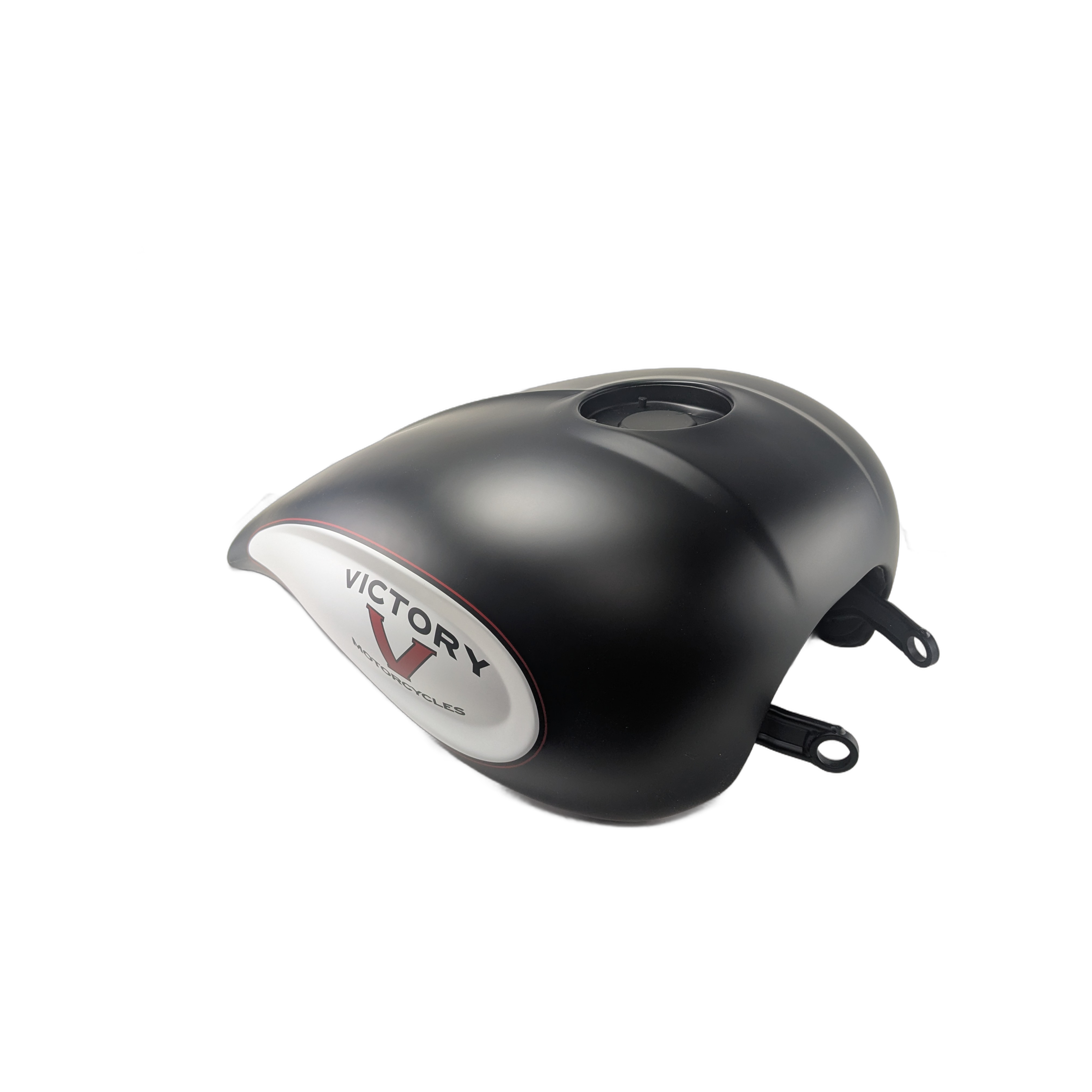 The Fuel Tank, Spine by Polaris is a black and white OEM Victory motorcycle tank featuring the word VICTORY and a red V logo, displayed against a white background. Perfect for authentic fuel tank replacement or upgrade.
