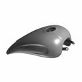 Matte black curved motorcycle fuel tank with smooth surface and mounting brackets.