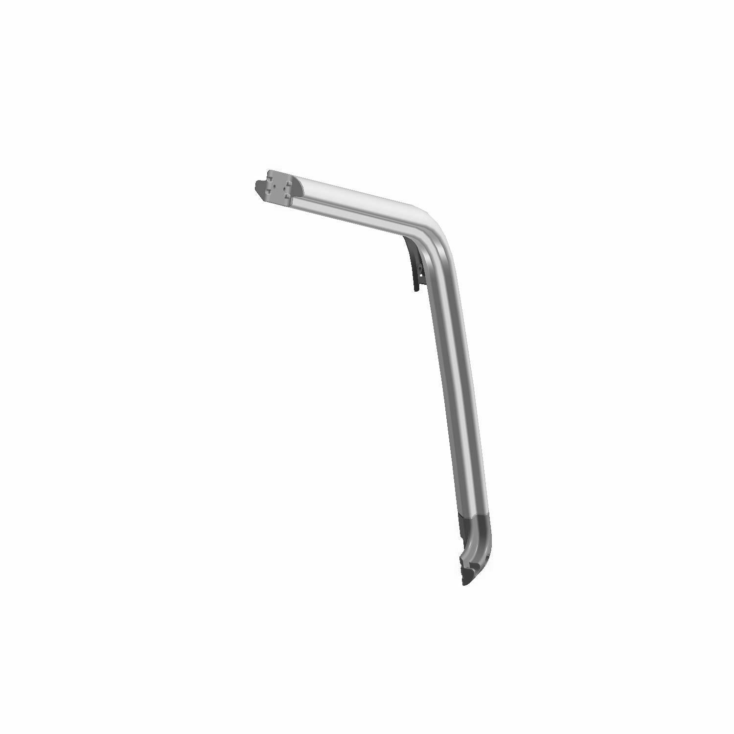 Silver metal front cab frame weld for UTV, angled with mounting bracket and reinforced edges.