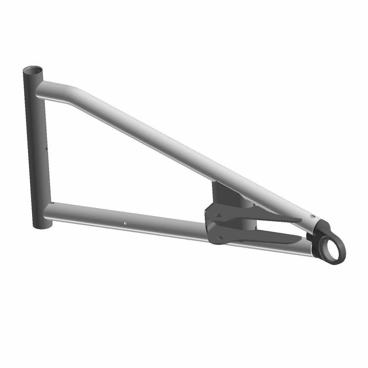 Matte gray metal front A-arm with reinforced triangular design and mounting points for Polaris UTVs.