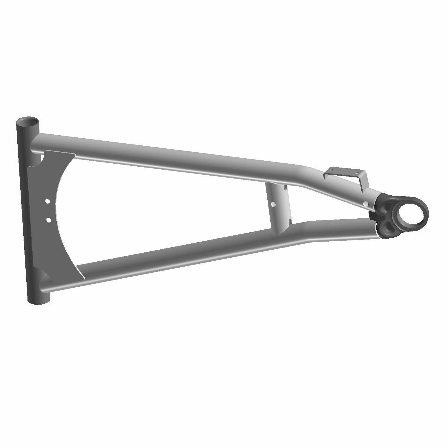 Matte gray metal front lower left A-arm with reinforced triangular frame and mounting points.