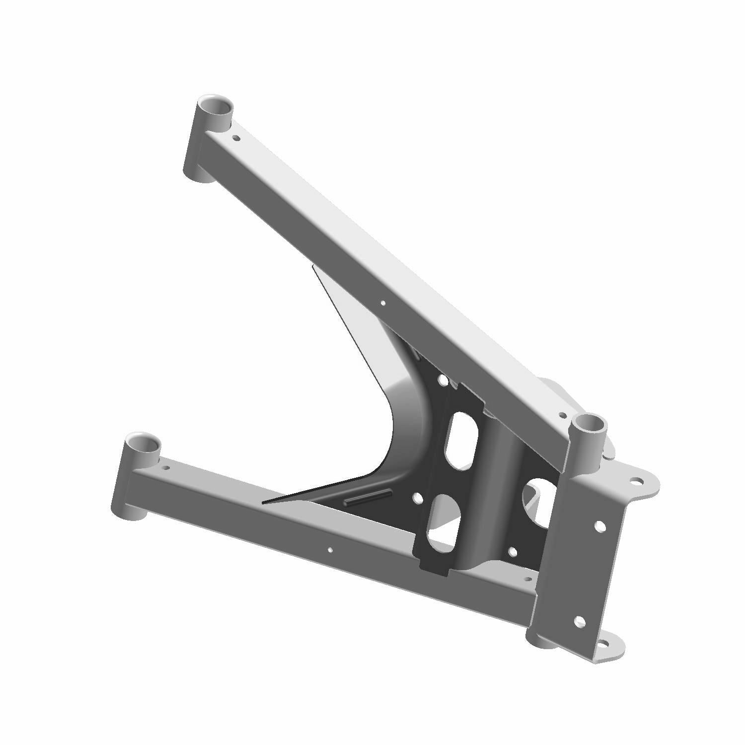 Matte gray metal rear lower right A-arm with triangular frame and mounting points for Polaris UTV.