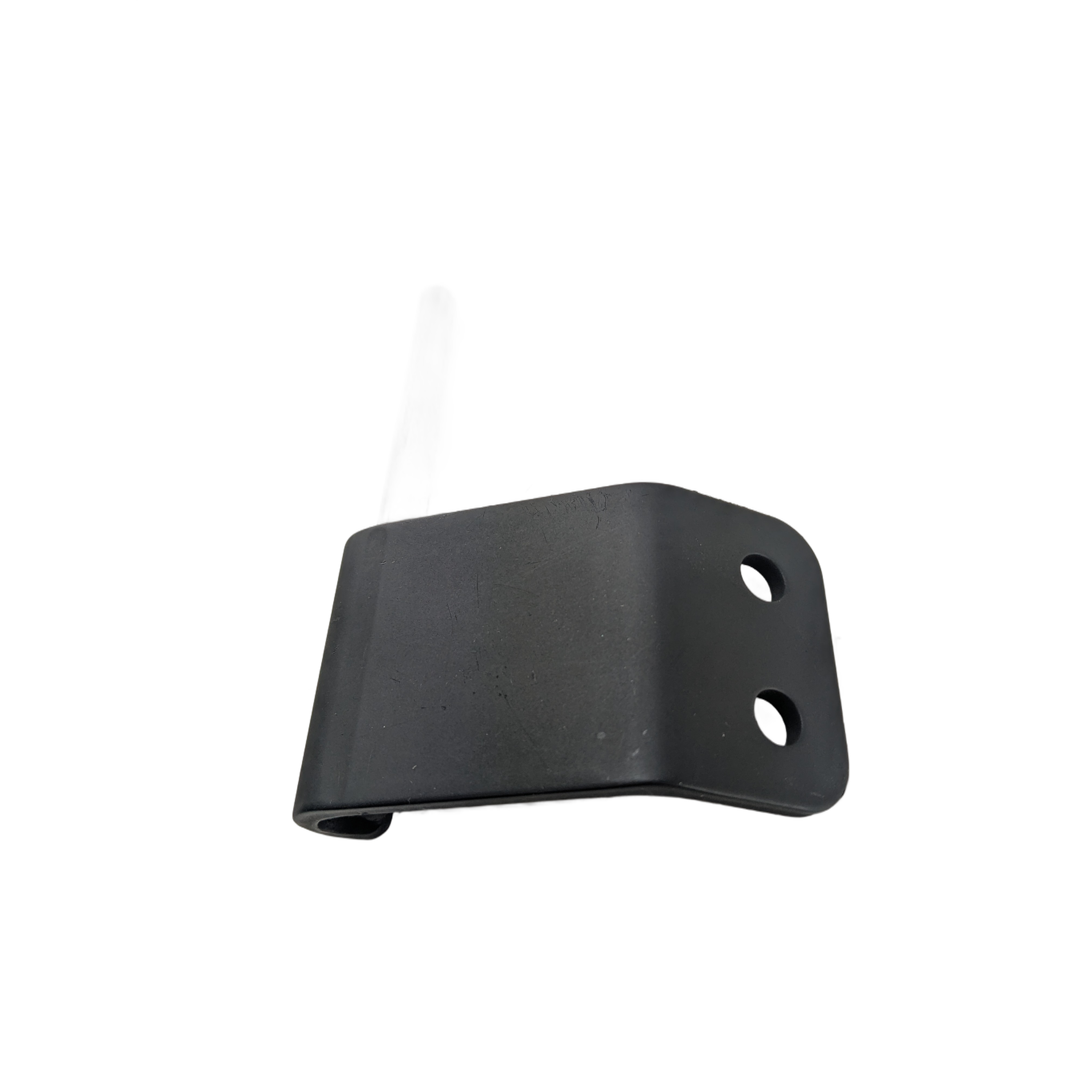 Black metal upper left hinge with two circular mounting holes and a curved edge.