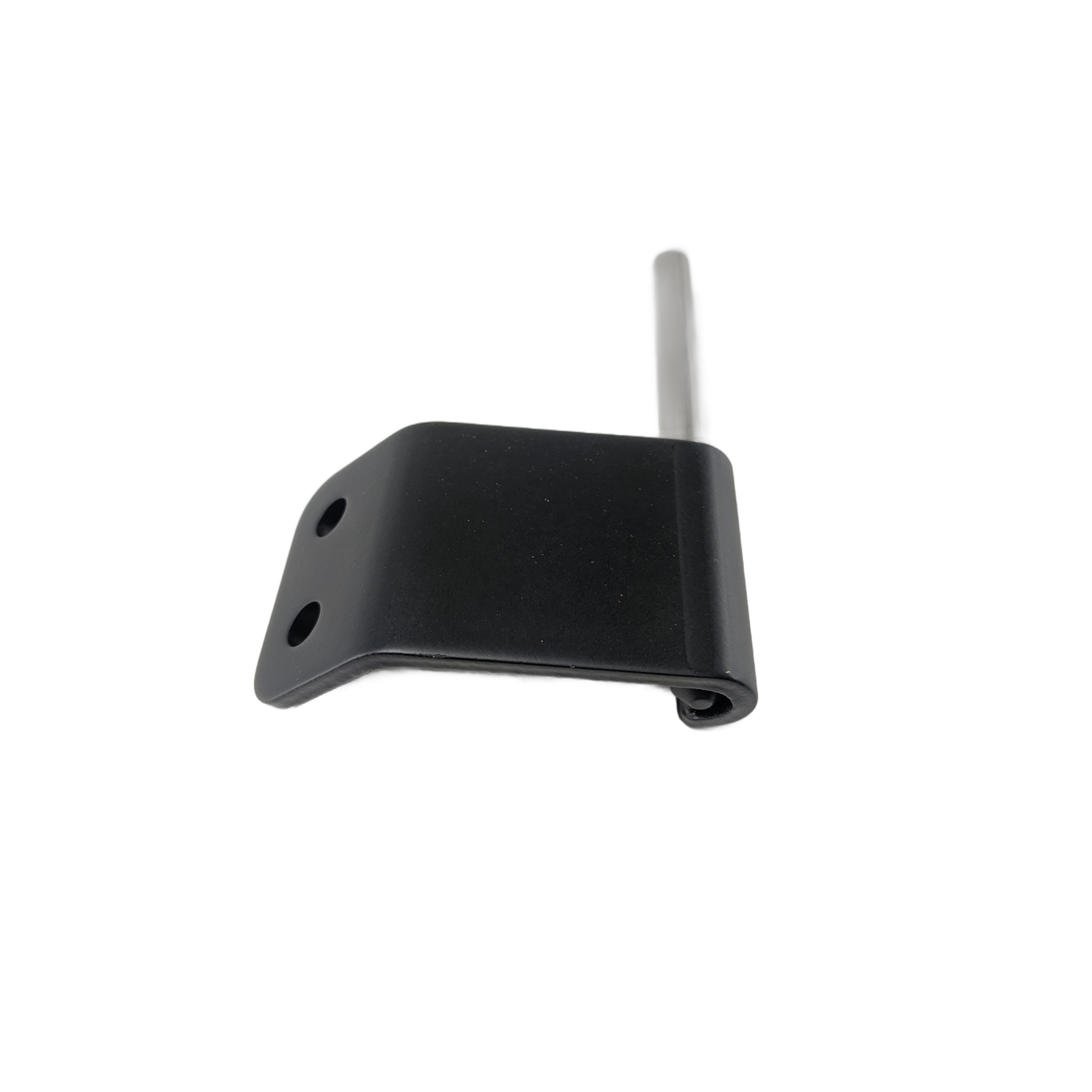 Matte black metal upper right side hinge with two mounting holes and attached pin.