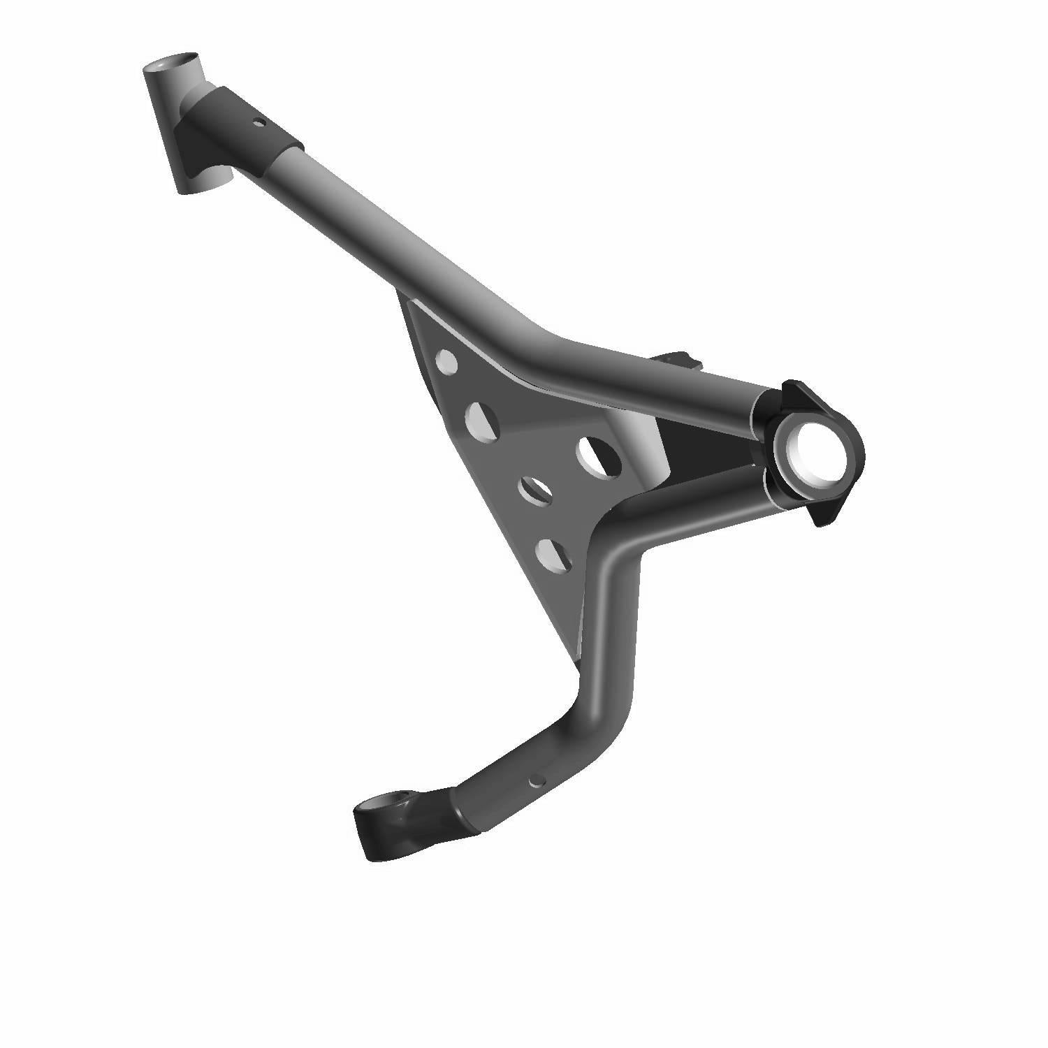 Black metal front upper left A-arm with reinforced triangular design and circular mounting points.