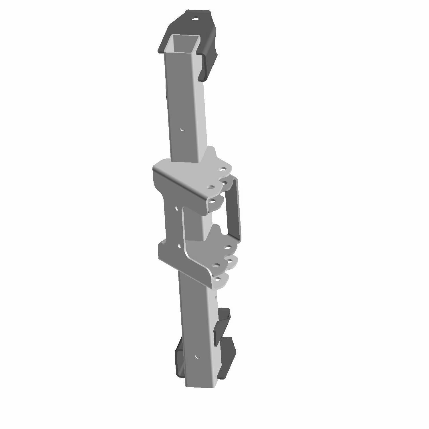 Black welded metal engine mount bracket with multiple attachment points and a vertical design.