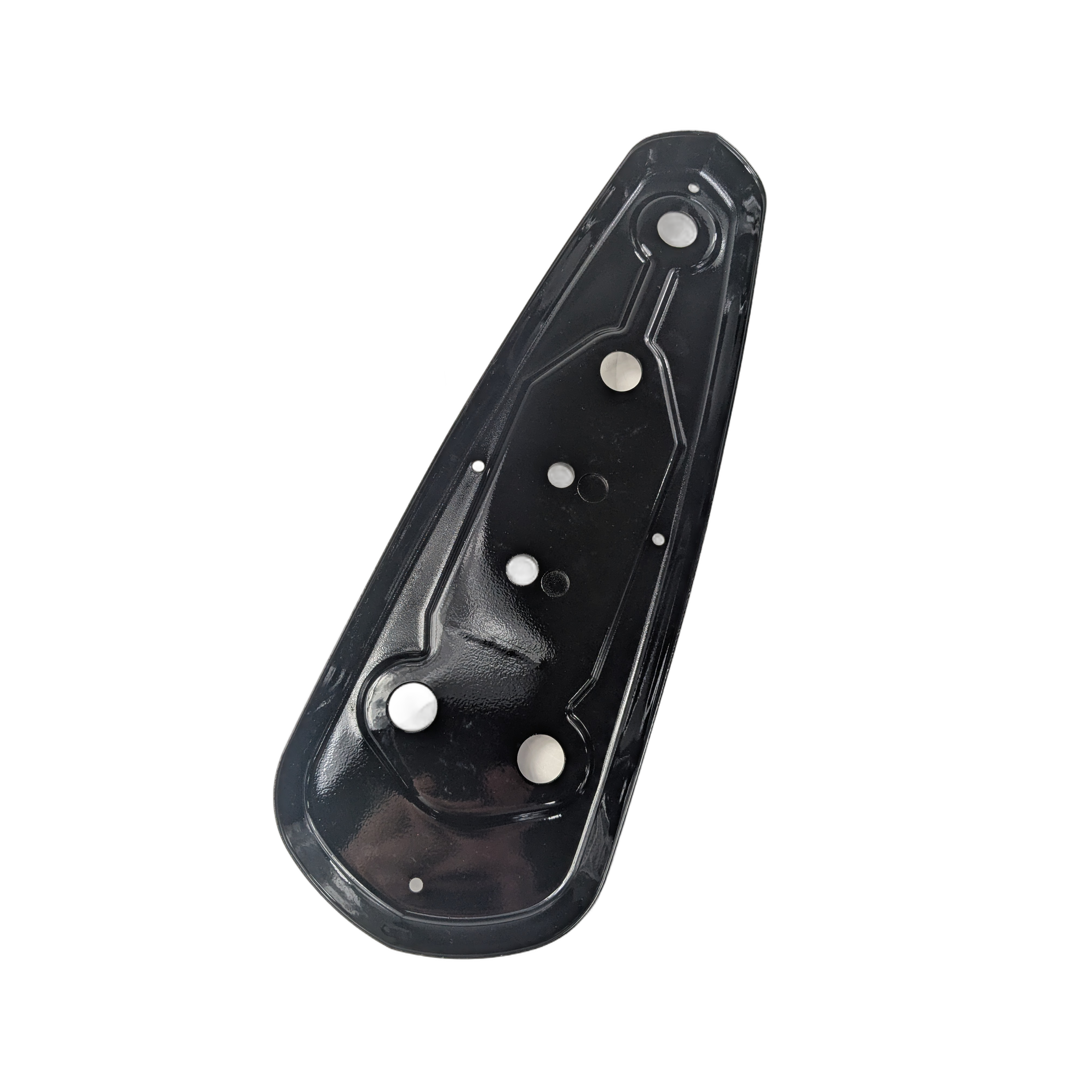 Black left-side driver floorboard for Indian motorcycles with multiple mounting holes and a slightly curved shape.