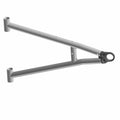 Matte gray metal front lower A-arm with cylindrical mounting points and reinforced triangular design.