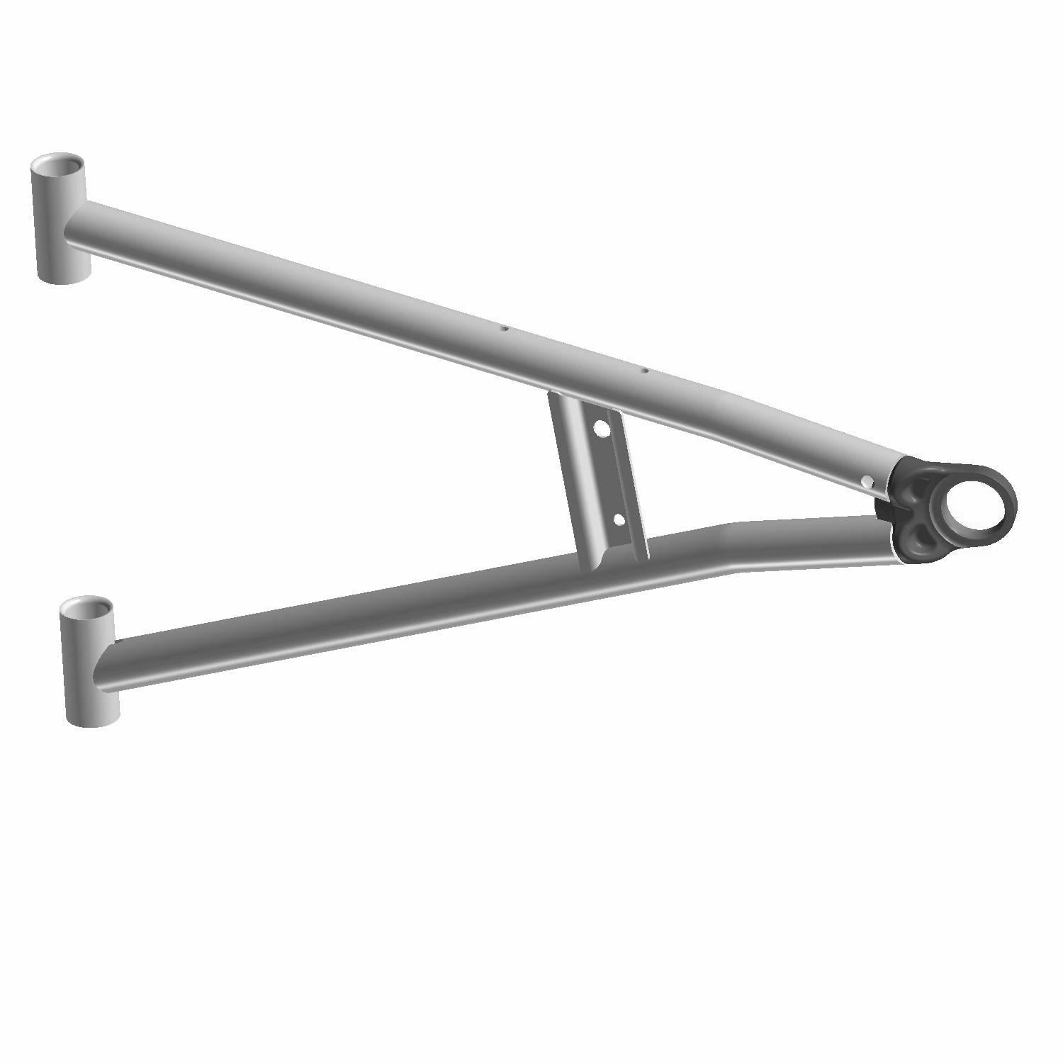 Silver metal front lower left A-arm suspension component with mounting brackets and tubular design.