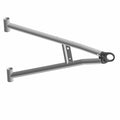 Silver metal front lower left A-arm with mounting brackets for Polaris UTV suspension.