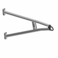 Silver metal front lower A-arm suspension part with mounting brackets and circular mounting points.