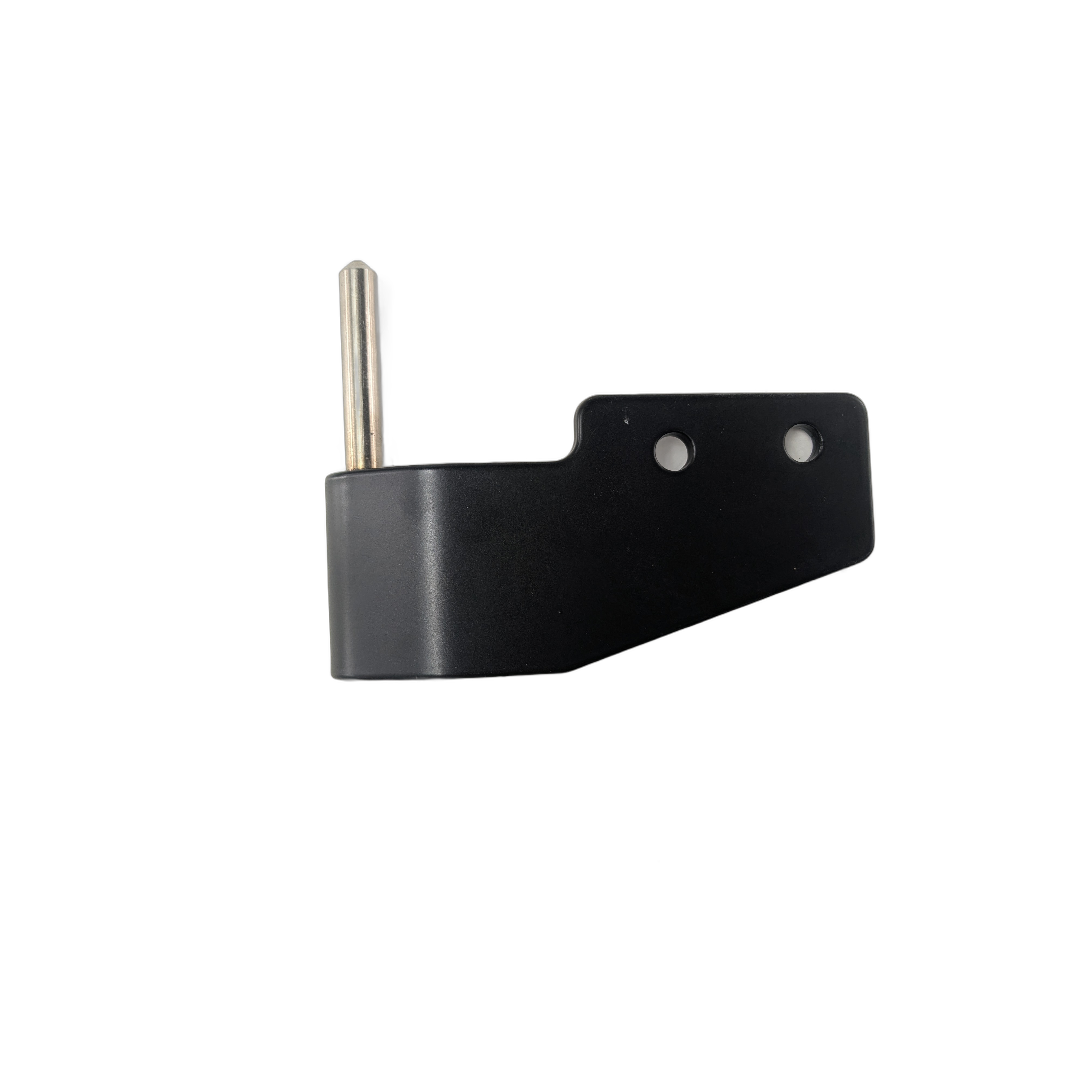 Matte black right lower hinge weld with two mounting holes and a vertical metal pin.