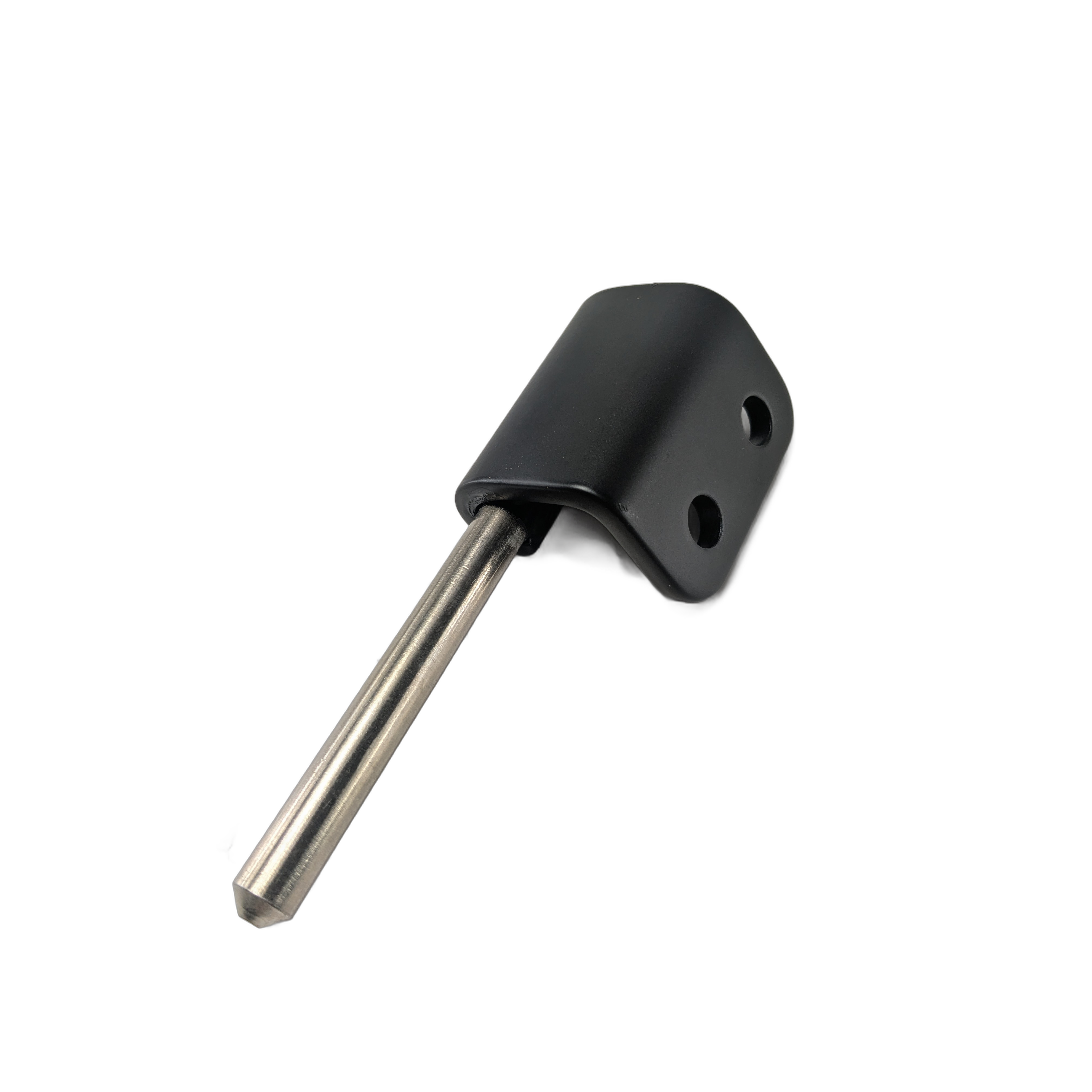 Black metal hinge weld with cylindrical steel pin and two mounting holes.