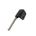 Black metal hinge weld with cylindrical steel pin and two mounting holes.